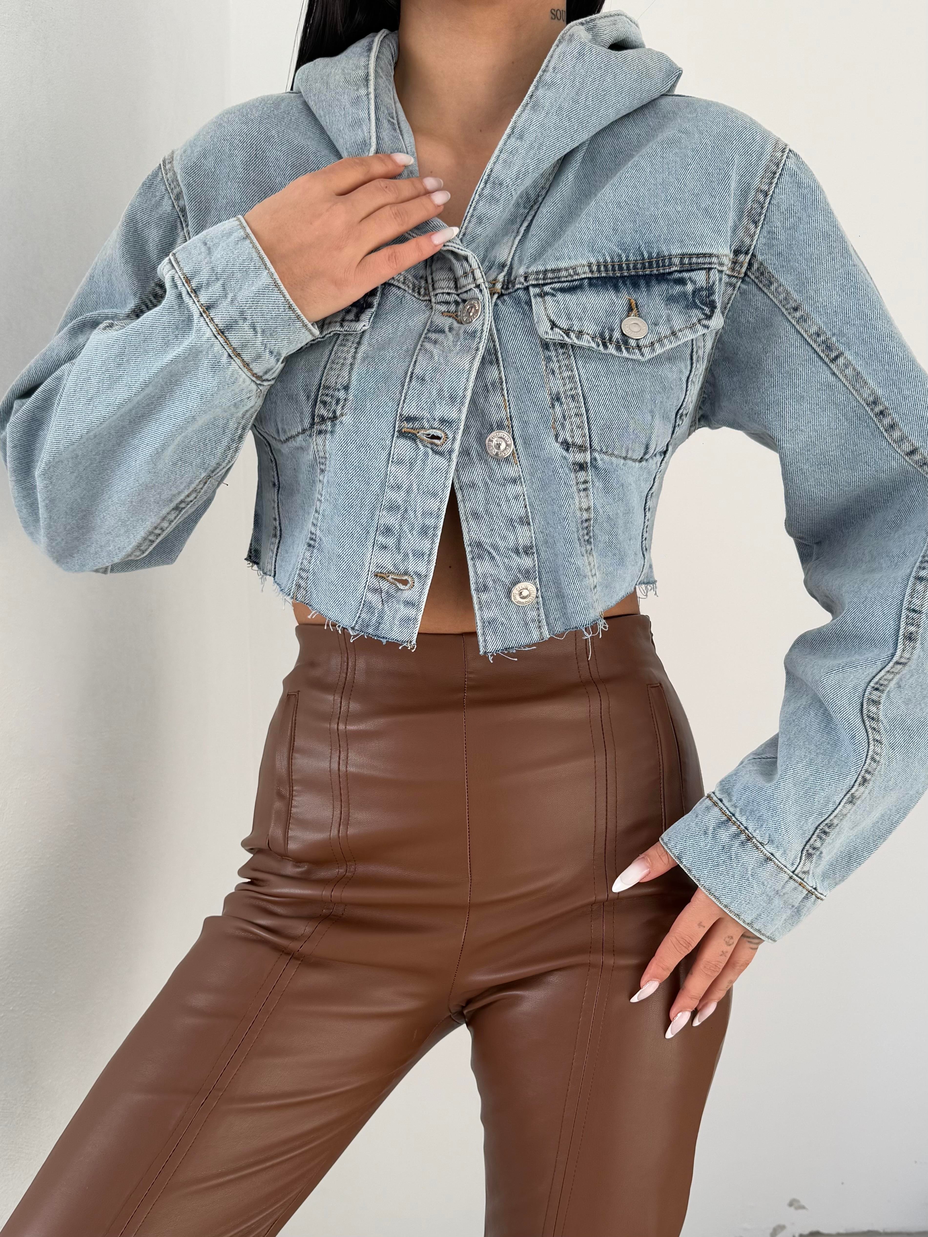 Kapişonlu Crop Denim Kot Ceket 