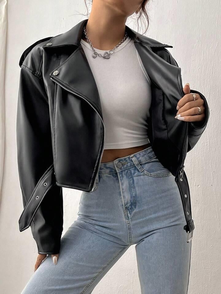 Kemerli Oversize Crop Deri Ceket