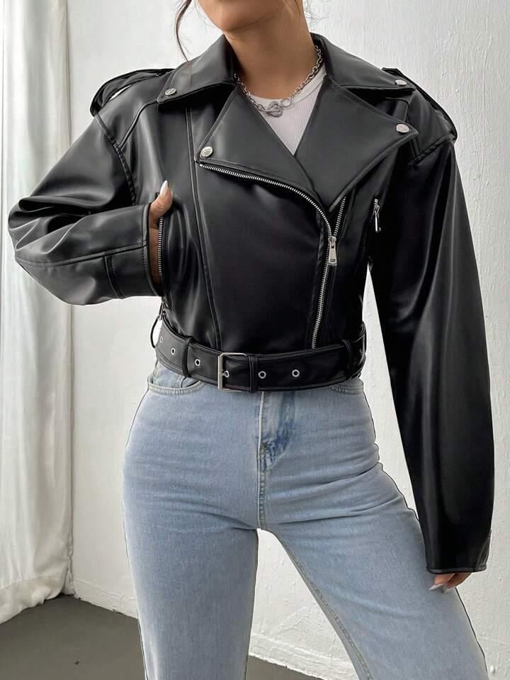 Kemerli Oversize Crop Deri Ceket