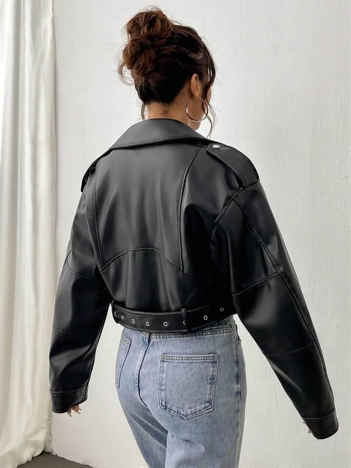 Kemerli Oversize Crop Deri Ceket