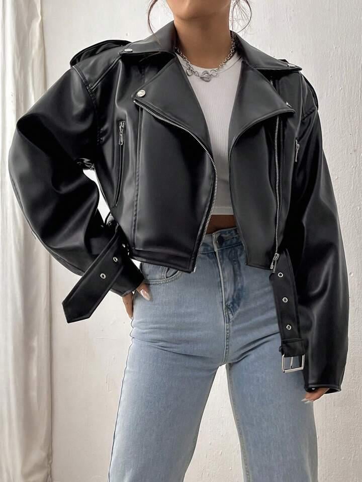 Kemerli Oversize Crop Deri Ceket