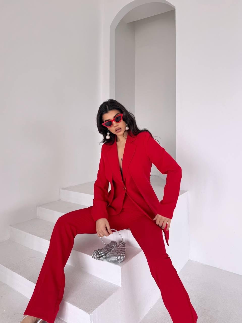 Kırmızı Çift Kuşak Görünümlü Blazer Takım