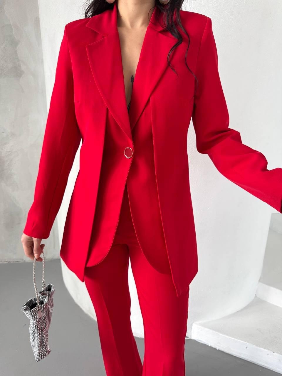 Kırmızı Çift Kuşak Görünümlü Blazer Takım