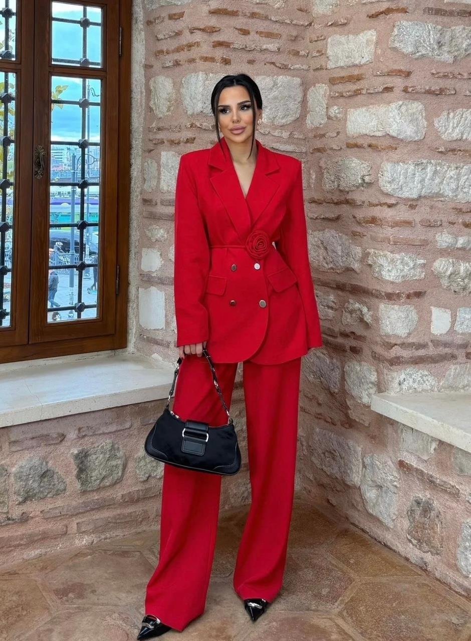 Kırmızı Roses Güllü Blazer Takım