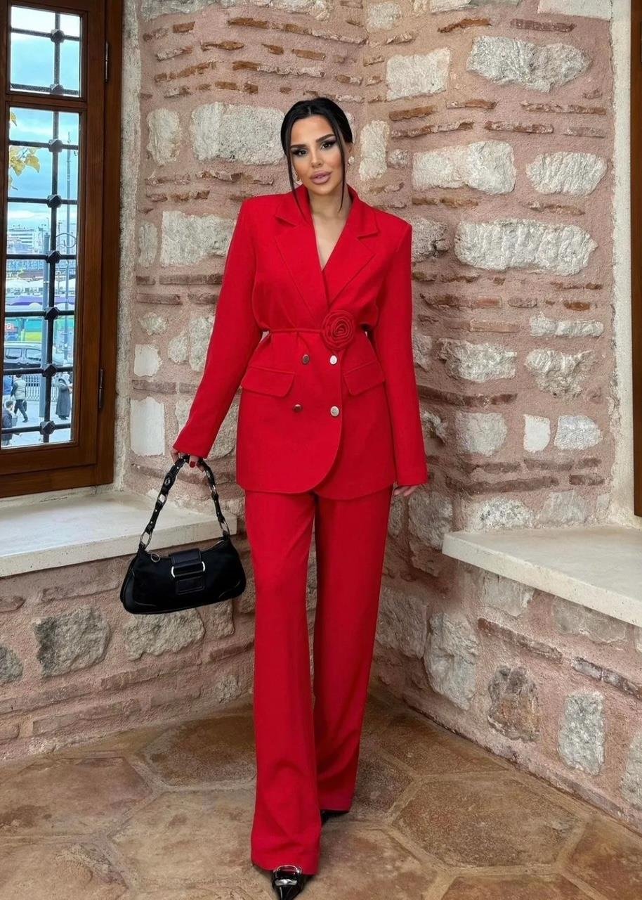 Kırmızı Roses Güllü Blazer Takım