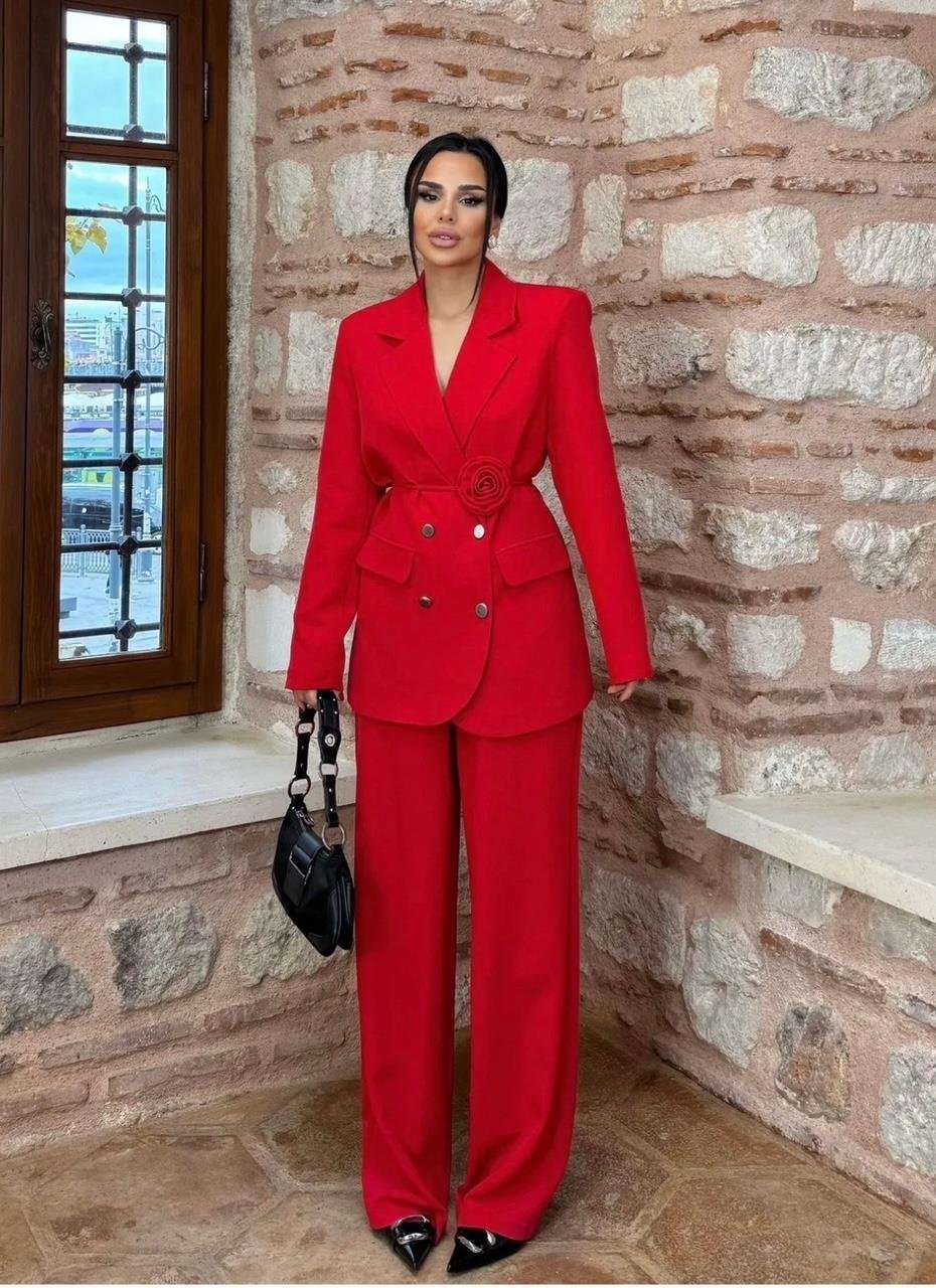 Kırmızı Roses Güllü Blazer Takım