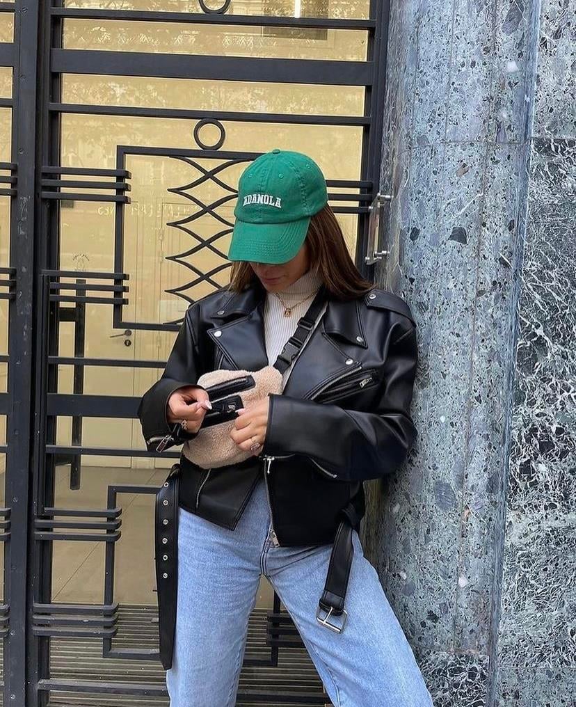Kolu Fermuarlı Kemerli Oversize Deri Biker Ceket