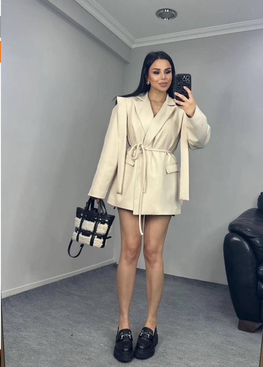 Krem Bağlamalı Blazer Ceket