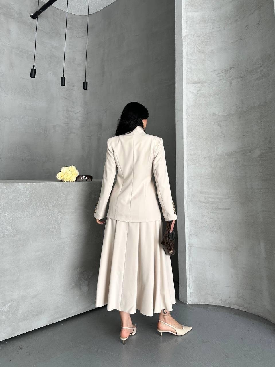 Krem Gold Düğmeli Ceket Etek Blazer Takım