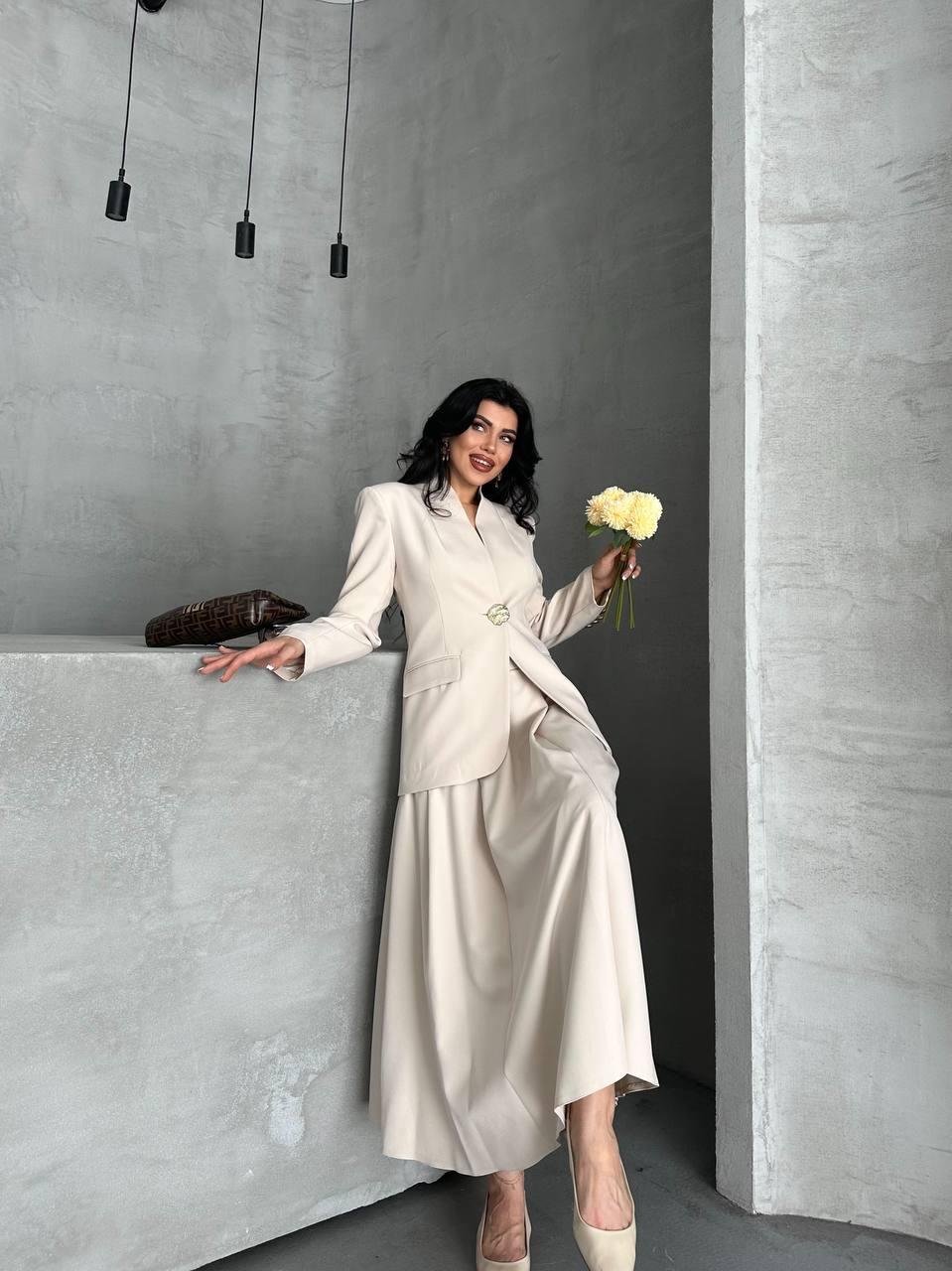 Krem Gold Düğmeli Ceket Etek Blazer Takım