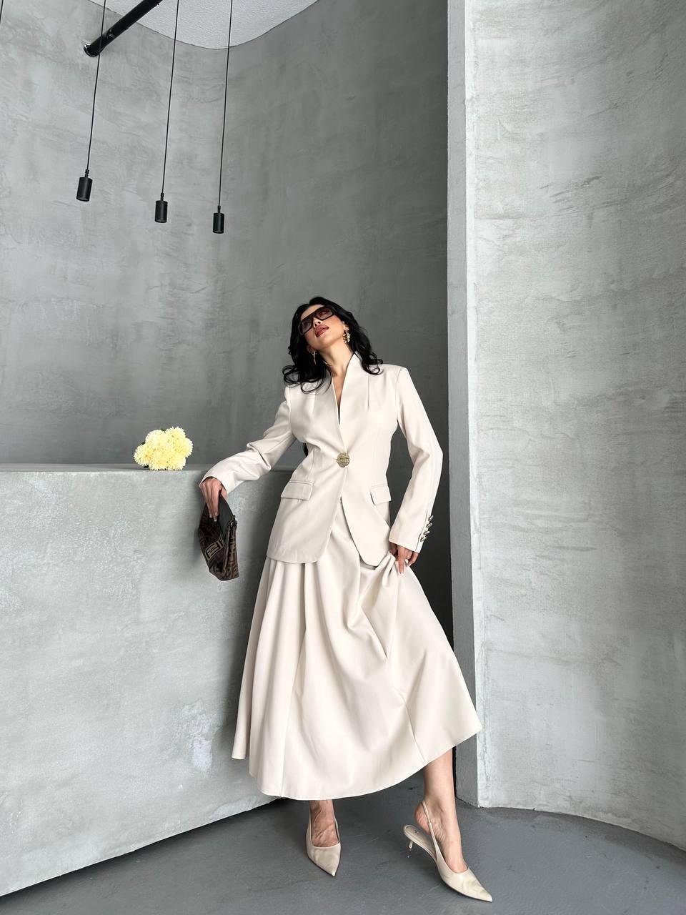 Krem Gold Düğmeli Ceket Etek Blazer Takım