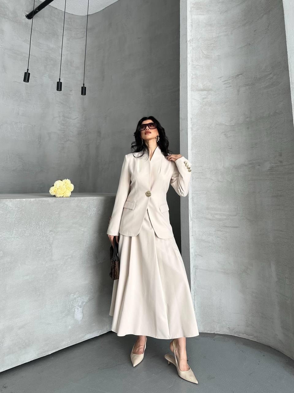 Krem Gold Düğmeli Ceket Etek Blazer Takım