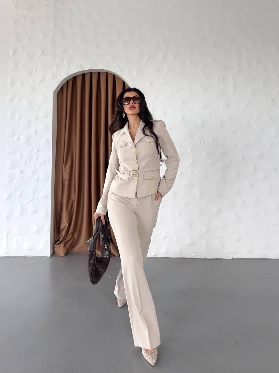 Krem Kemerli Ceket Pantolon Blazer Takım