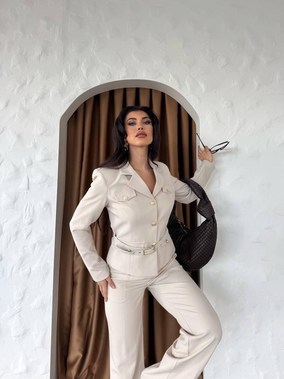Krem Kemerli Ceket Pantolon Blazer Takım