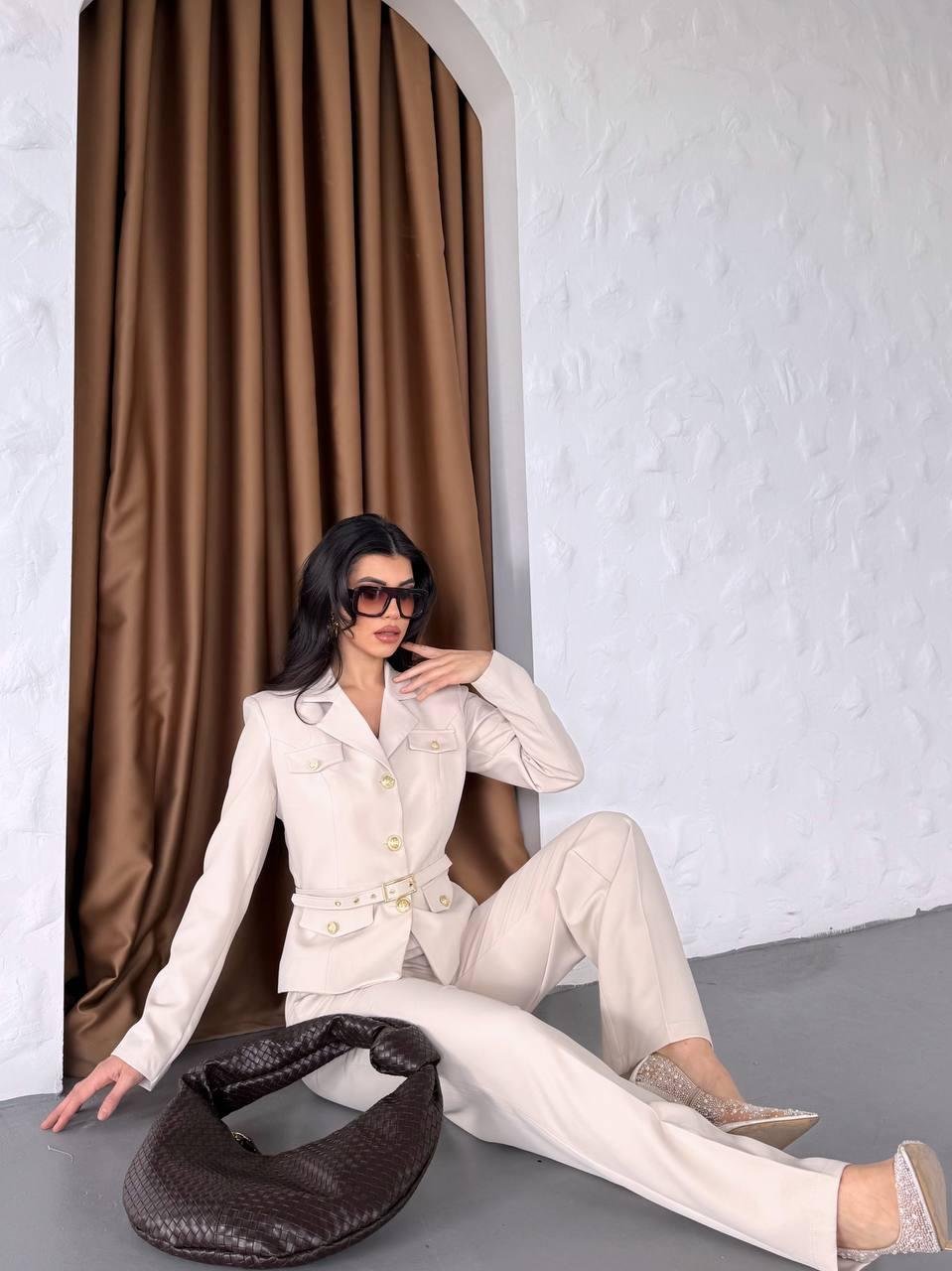Krem Kemerli Ceket Pantolon Blazer Takım