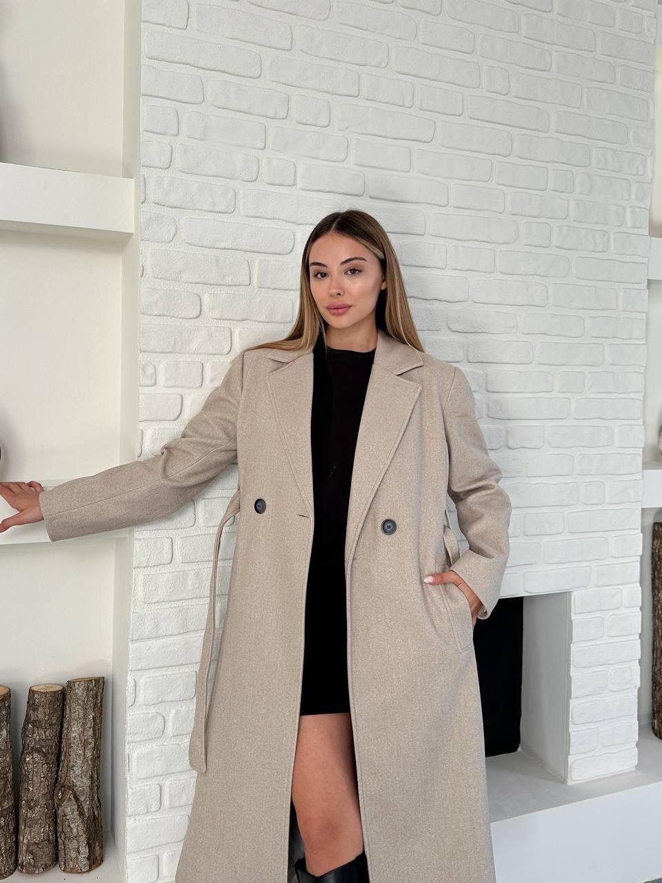 Krem Kuşaklı Astarlı Maxi Boy Kaşe Kaban