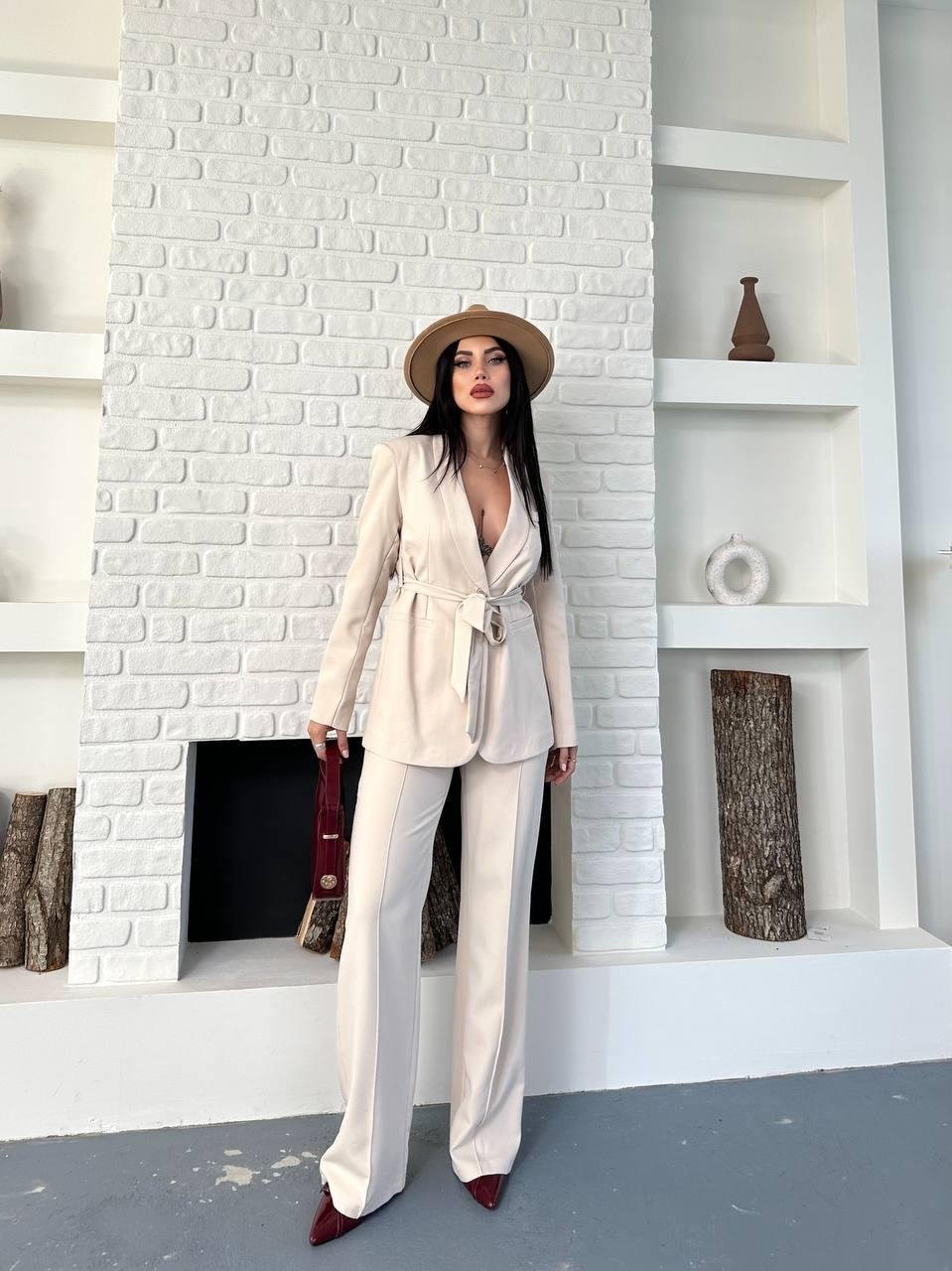 Krem Kuşaklı Bağlamalı Ceket Pantolon Blazer Takım