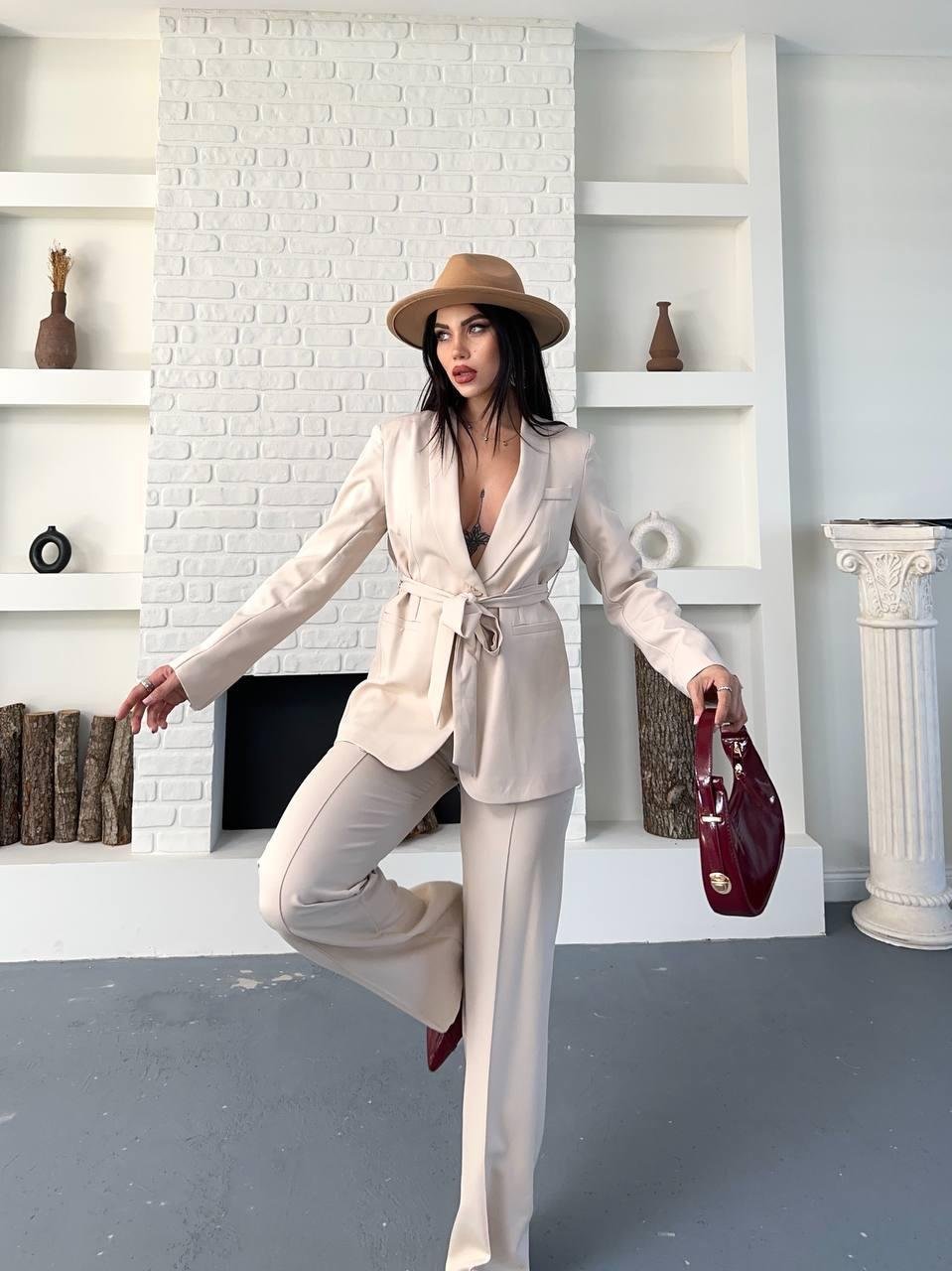 Krem Kuşaklı Bağlamalı Ceket Pantolon Blazer Takım