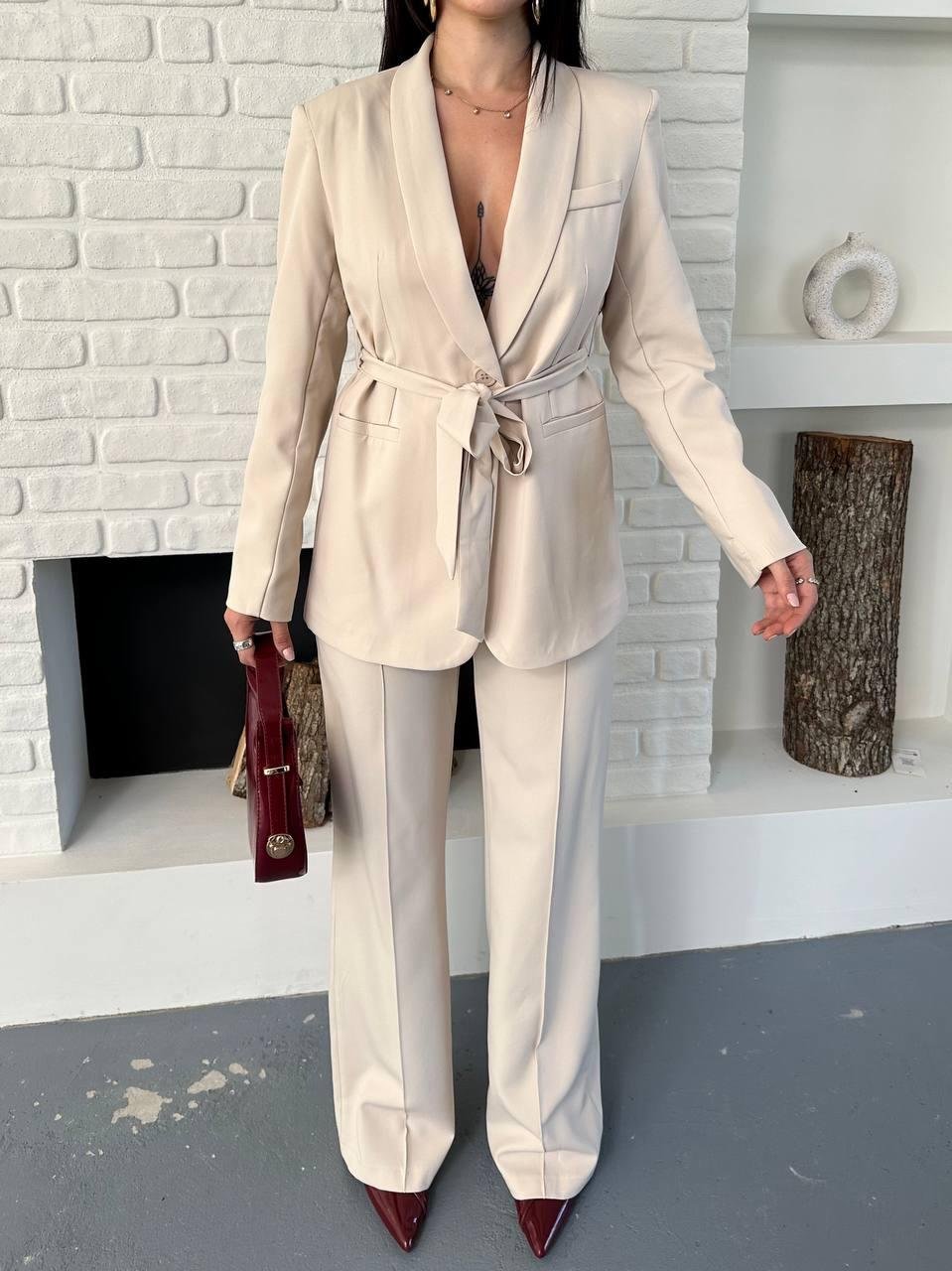 Krem Kuşaklı Bağlamalı Ceket Pantolon Blazer Takım