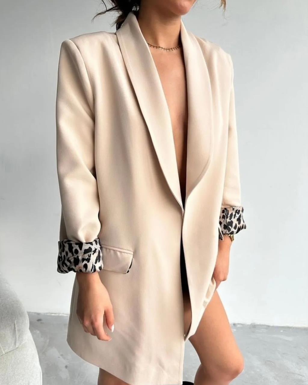 Krem Leopar Astarlı Blazer Ceket