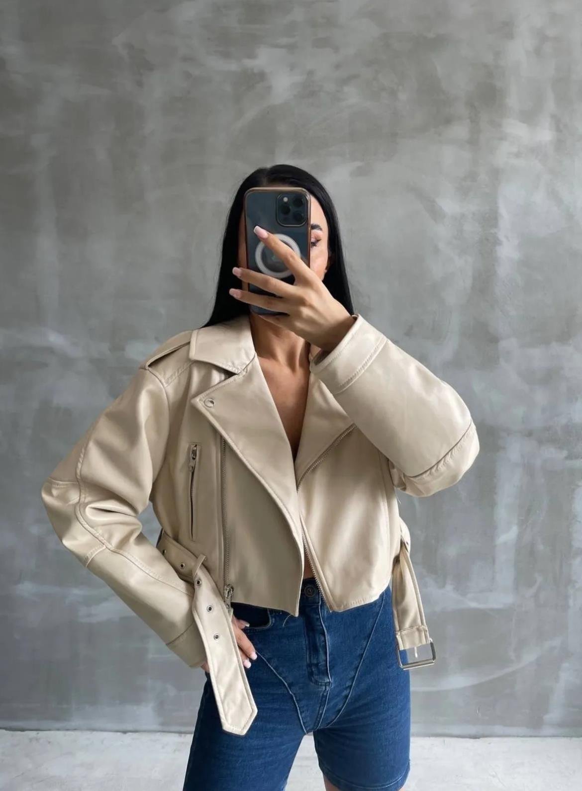 Krem Oversize Crop Deri Ceket