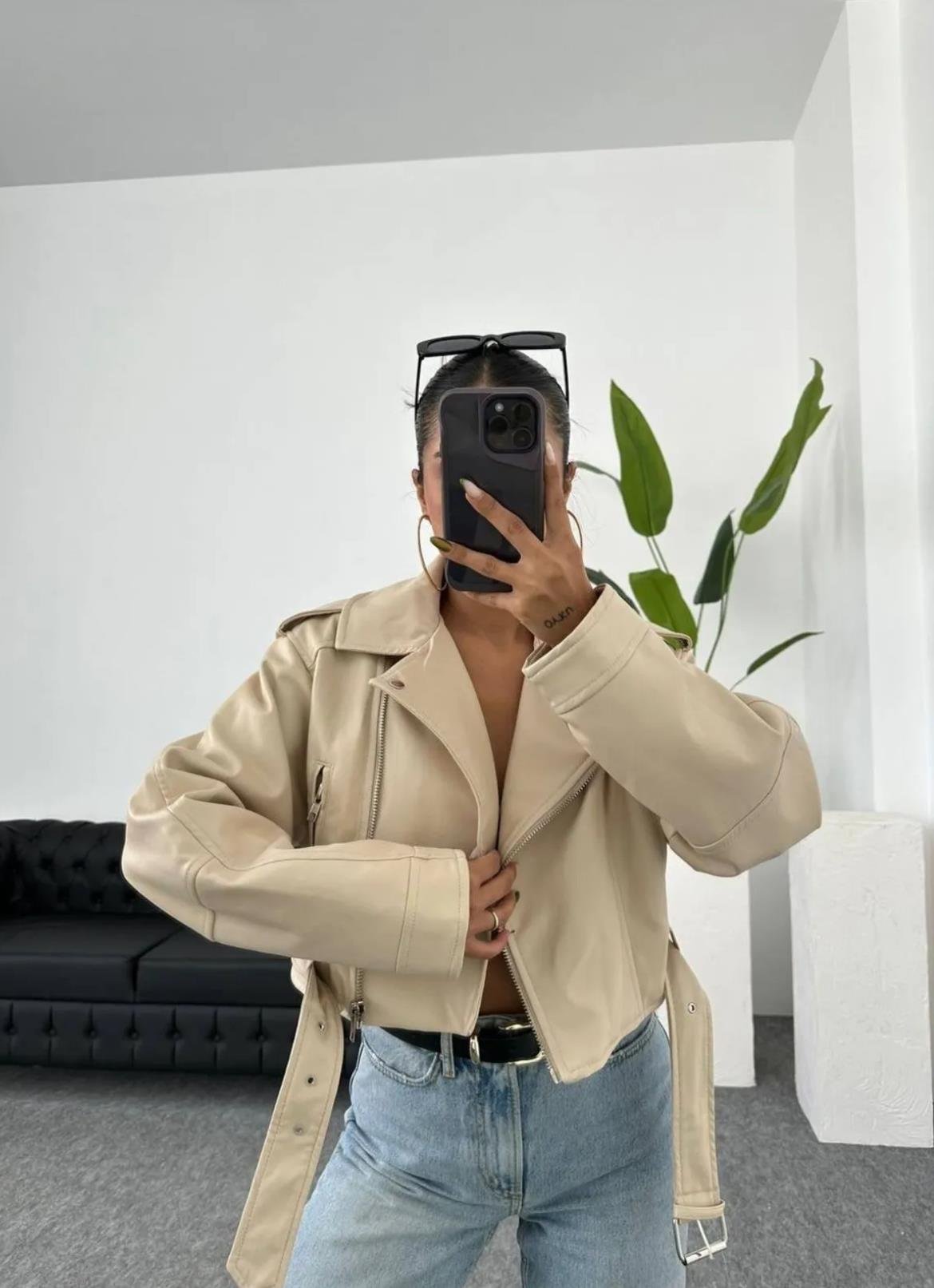 Krem Oversize Crop Deri Ceket