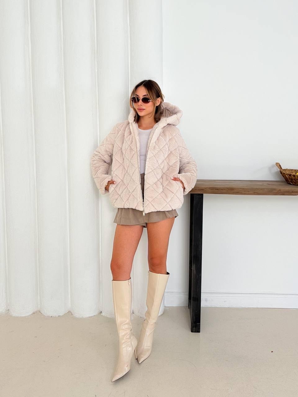 Krem Oversize Puffer Teddy Kapüşonlu Mont