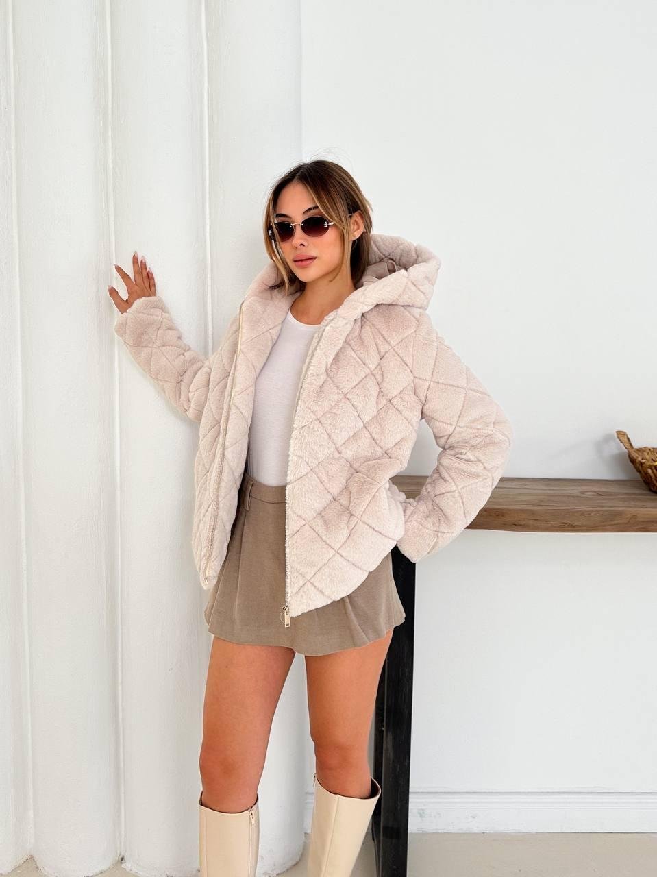 Krem Oversize Puffer Teddy Kapüşonlu Mont