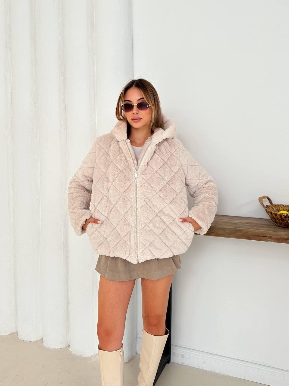 Krem Oversize Puffer Teddy Kapüşonlu Mont