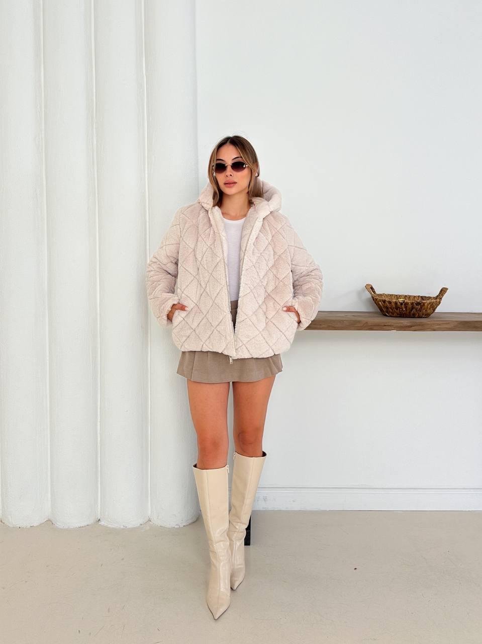 Krem Oversize Puffer Teddy Kapüşonlu Mont