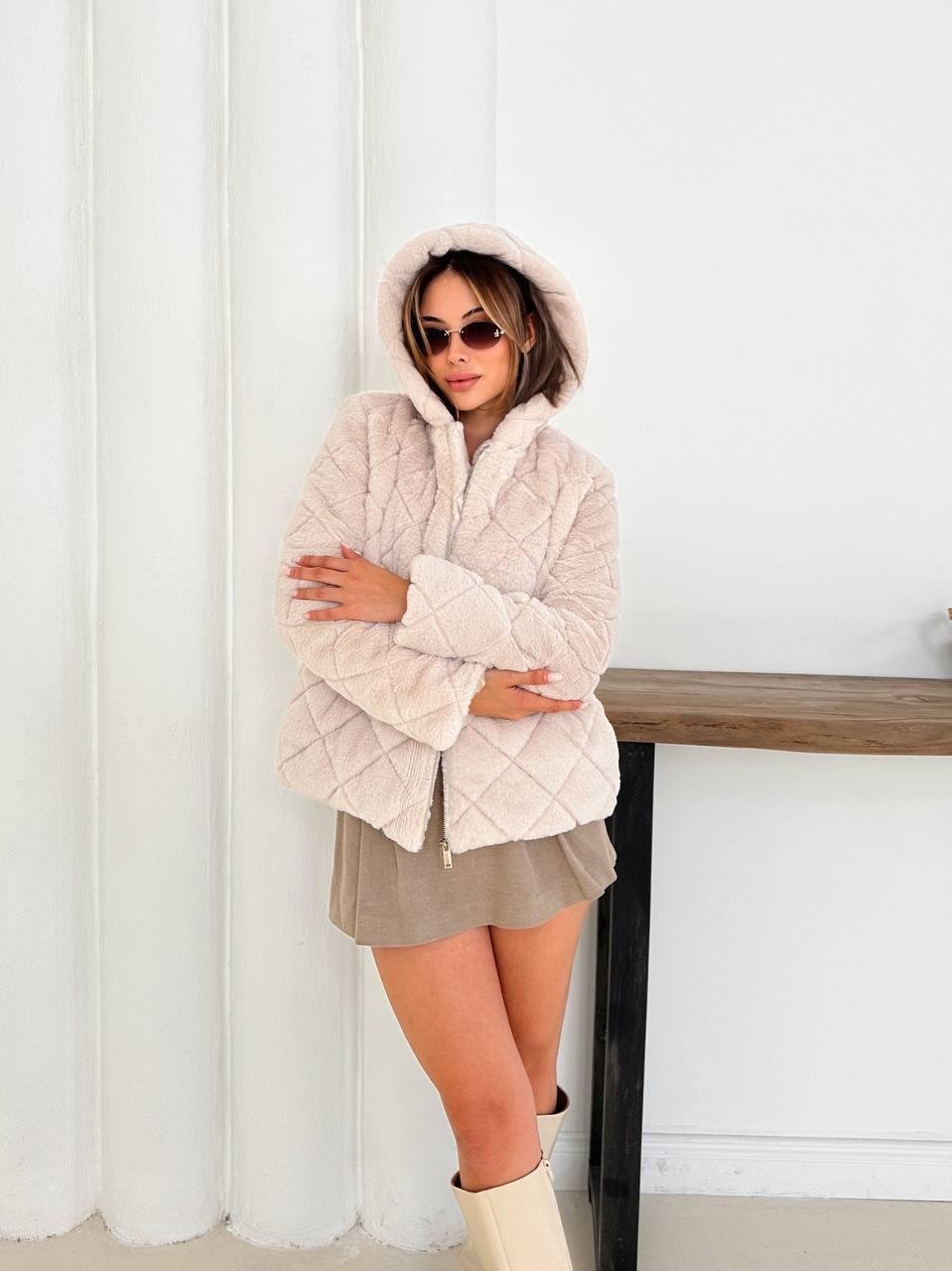 Krem Oversize Puffer Teddy Kapüşonlu Mont
