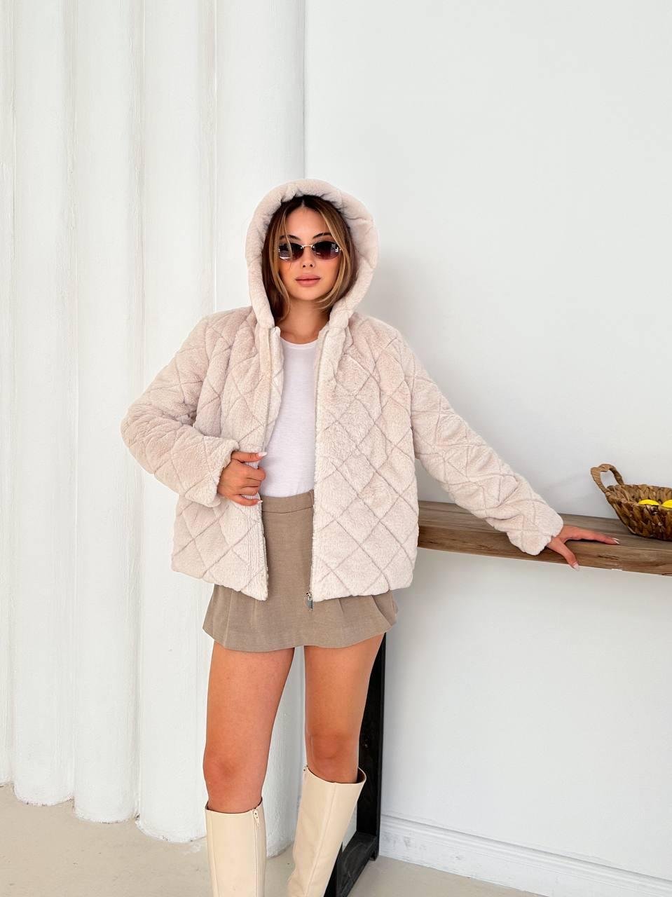 Krem Oversize Puffer Teddy Kapüşonlu Mont