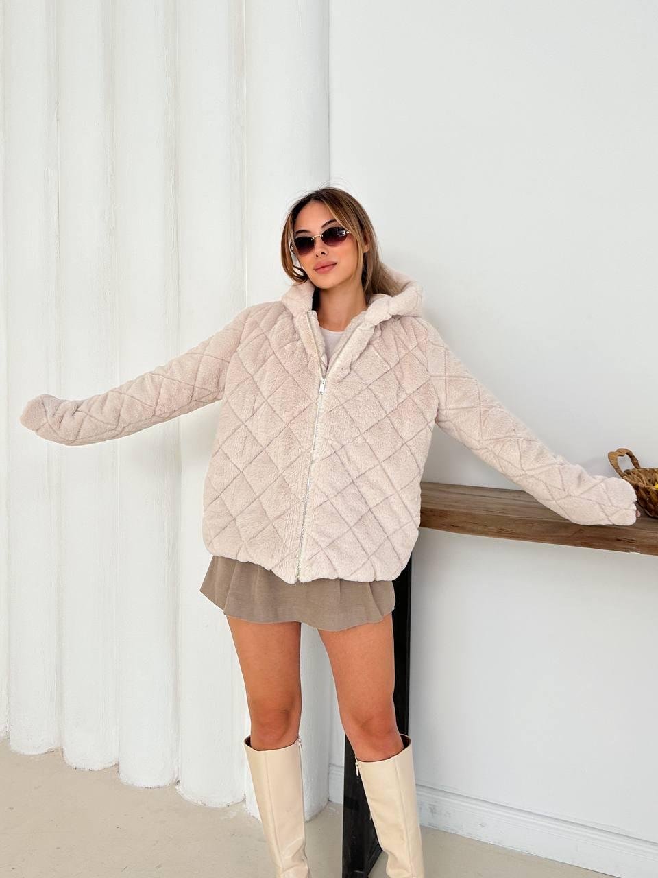 Krem Oversize Puffer Teddy Kapüşonlu Mont