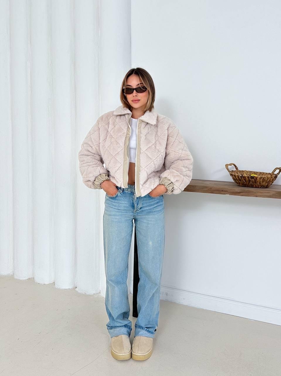 Krem Oversize Puffer Teddy Mont