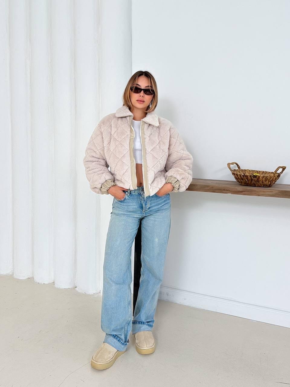 Krem Oversize Puffer Teddy Mont