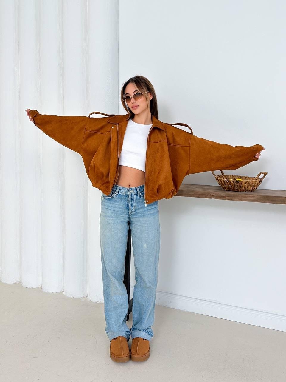 Krem Oversize Süet Bomber Ceket