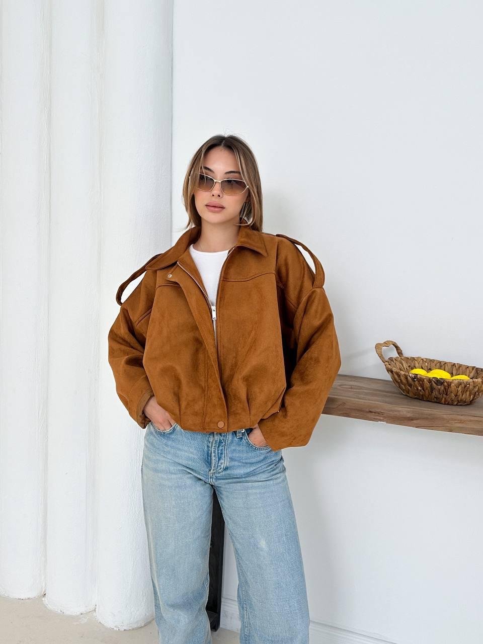 Krem Oversize Süet Bomber Ceket