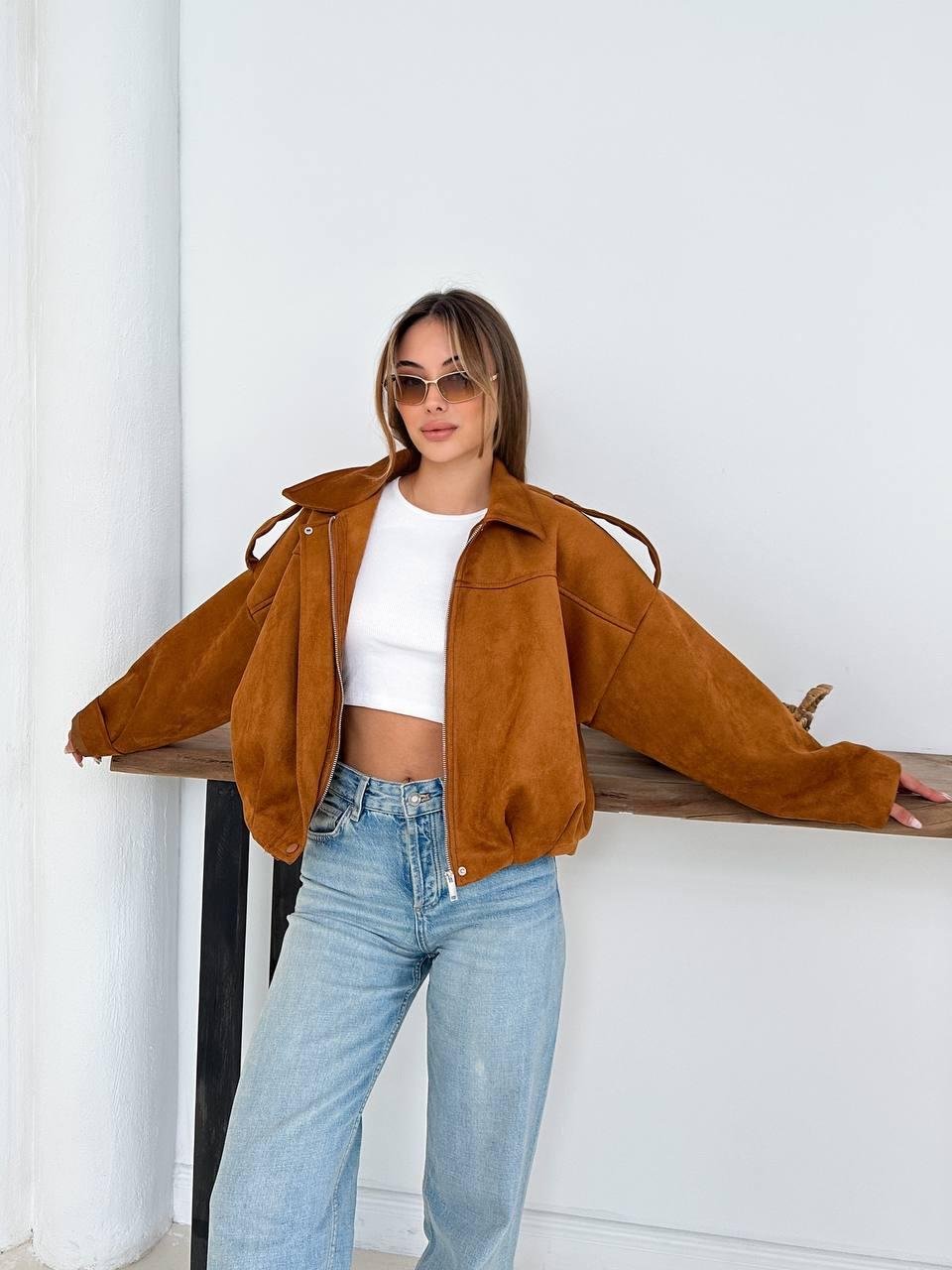 Krem Oversize Süet Bomber Ceket