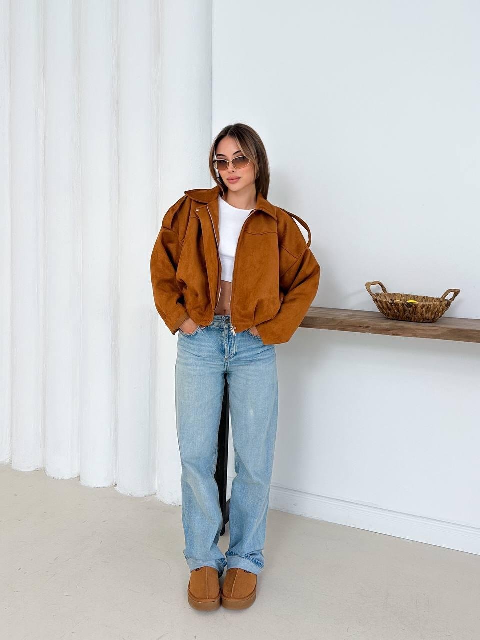 Krem Oversize Süet Bomber Ceket