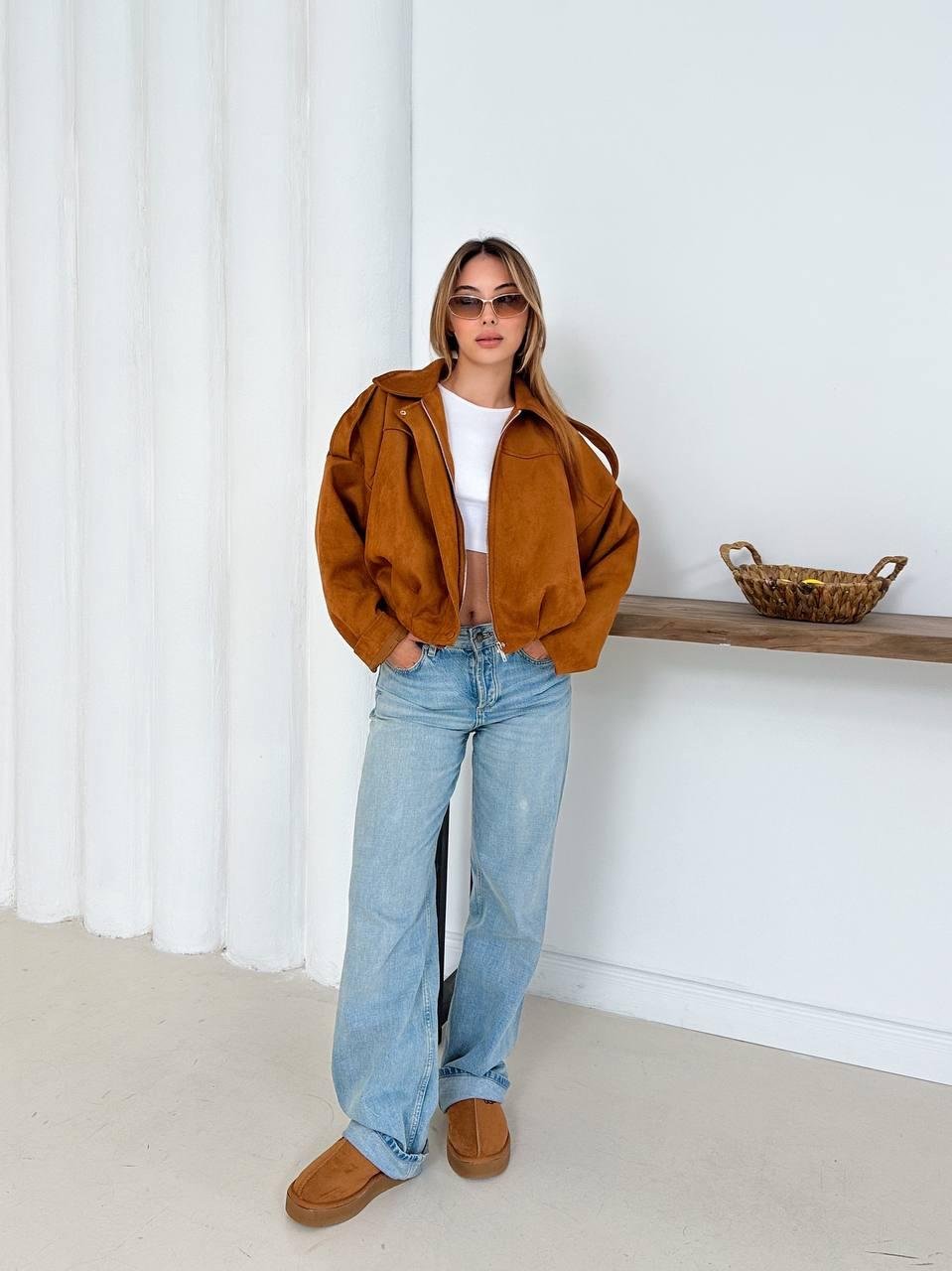 Krem Oversize Süet Bomber Ceket