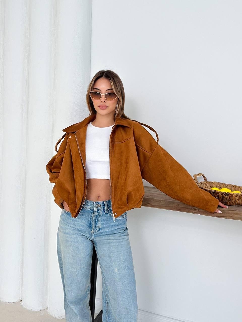 Krem Oversize Süet Bomber Ceket