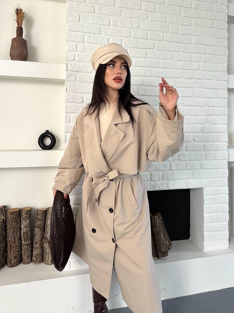 Krem Pelerinli Düğmeli Kuşaklı Maxi Trençkot