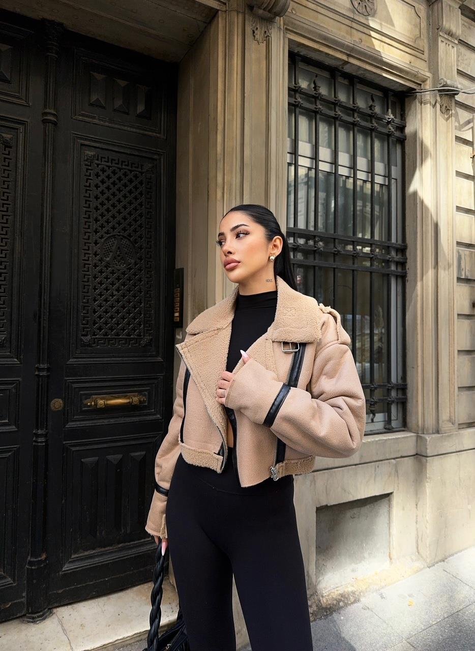Krem Peluş Crop Süet Mont