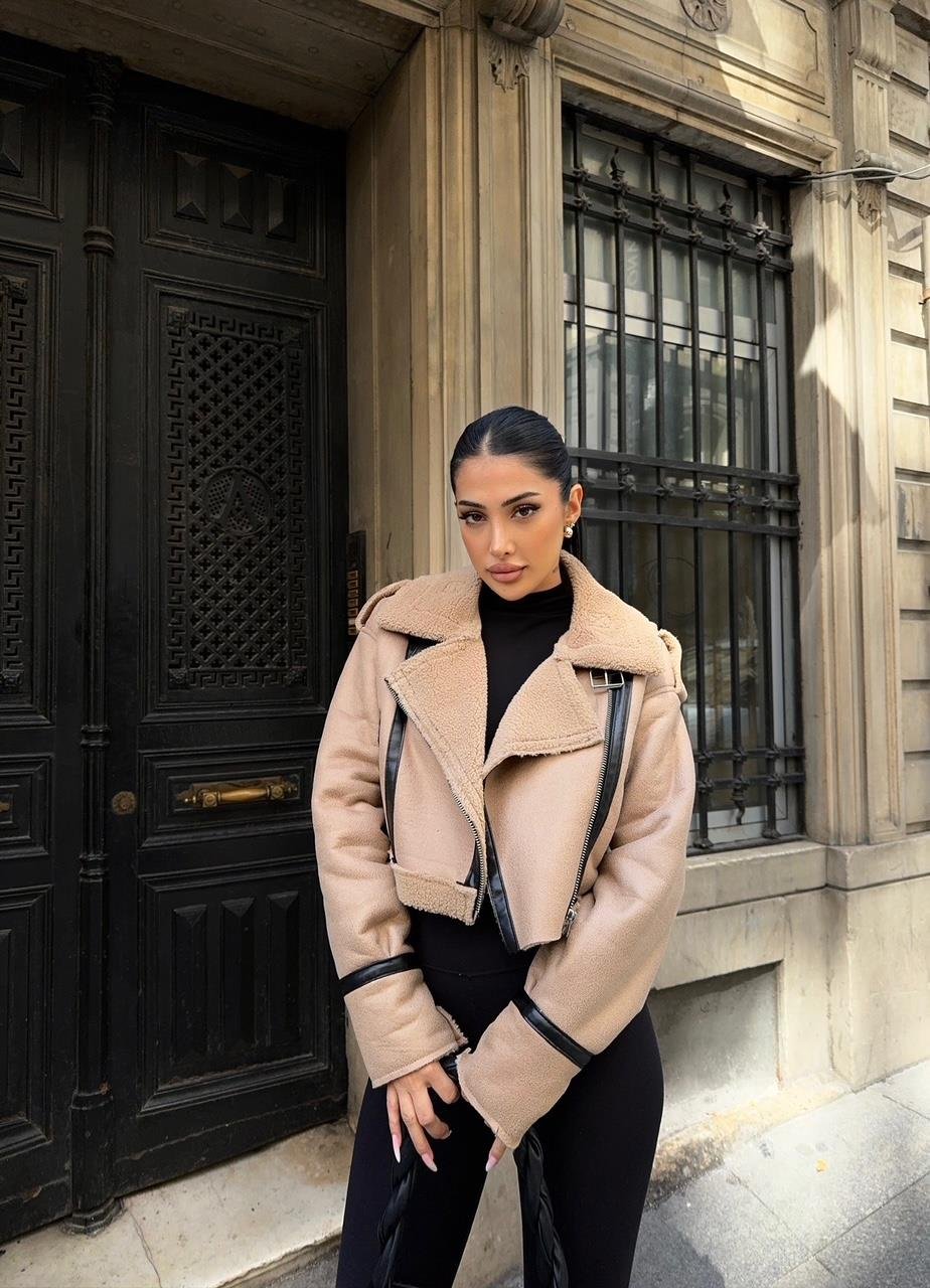Krem Peluş Crop Süet Mont