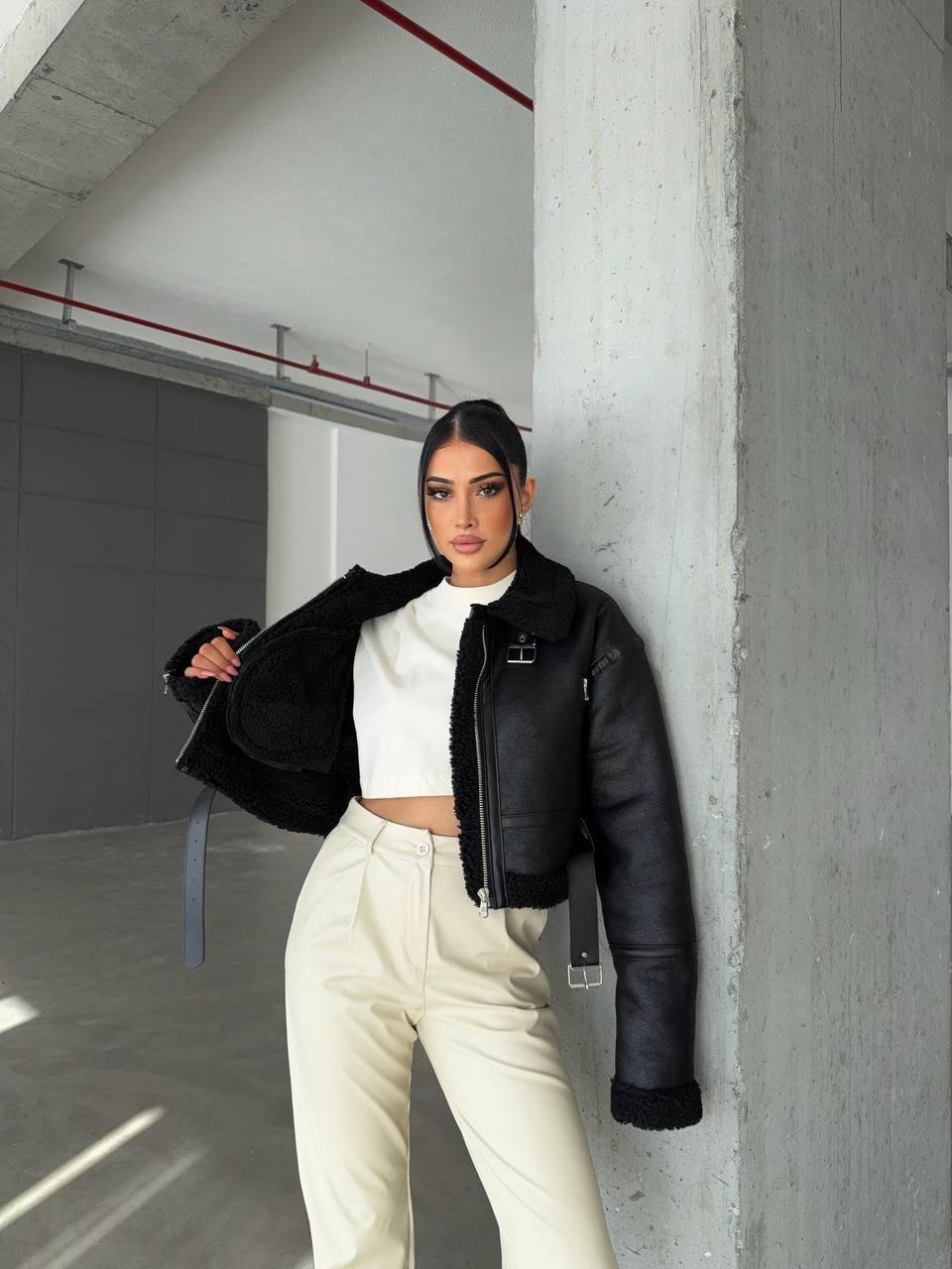 Kürklü Biker Crop Ceket