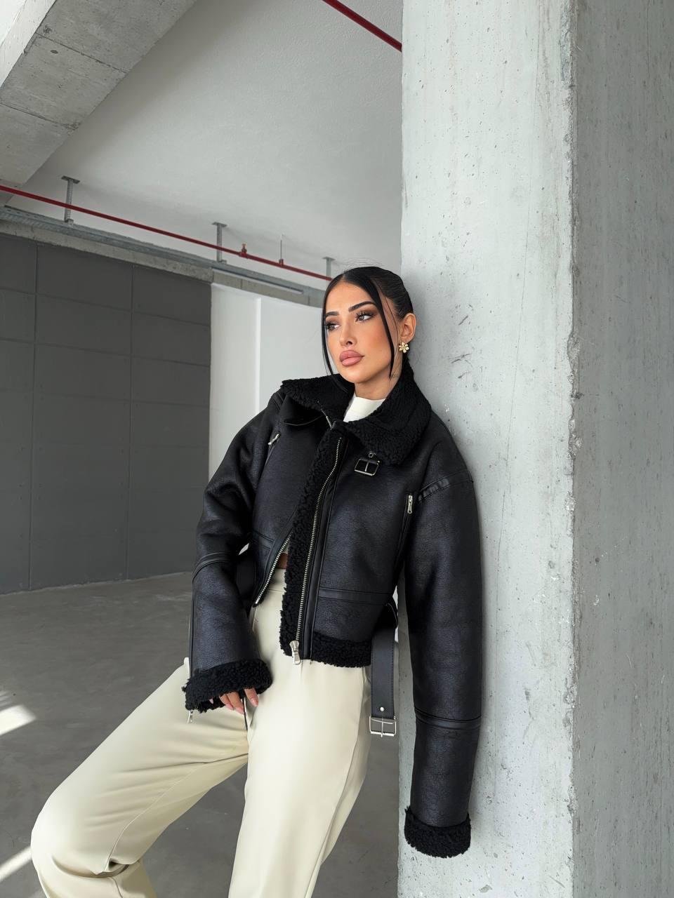 Kürklü Biker Crop Ceket