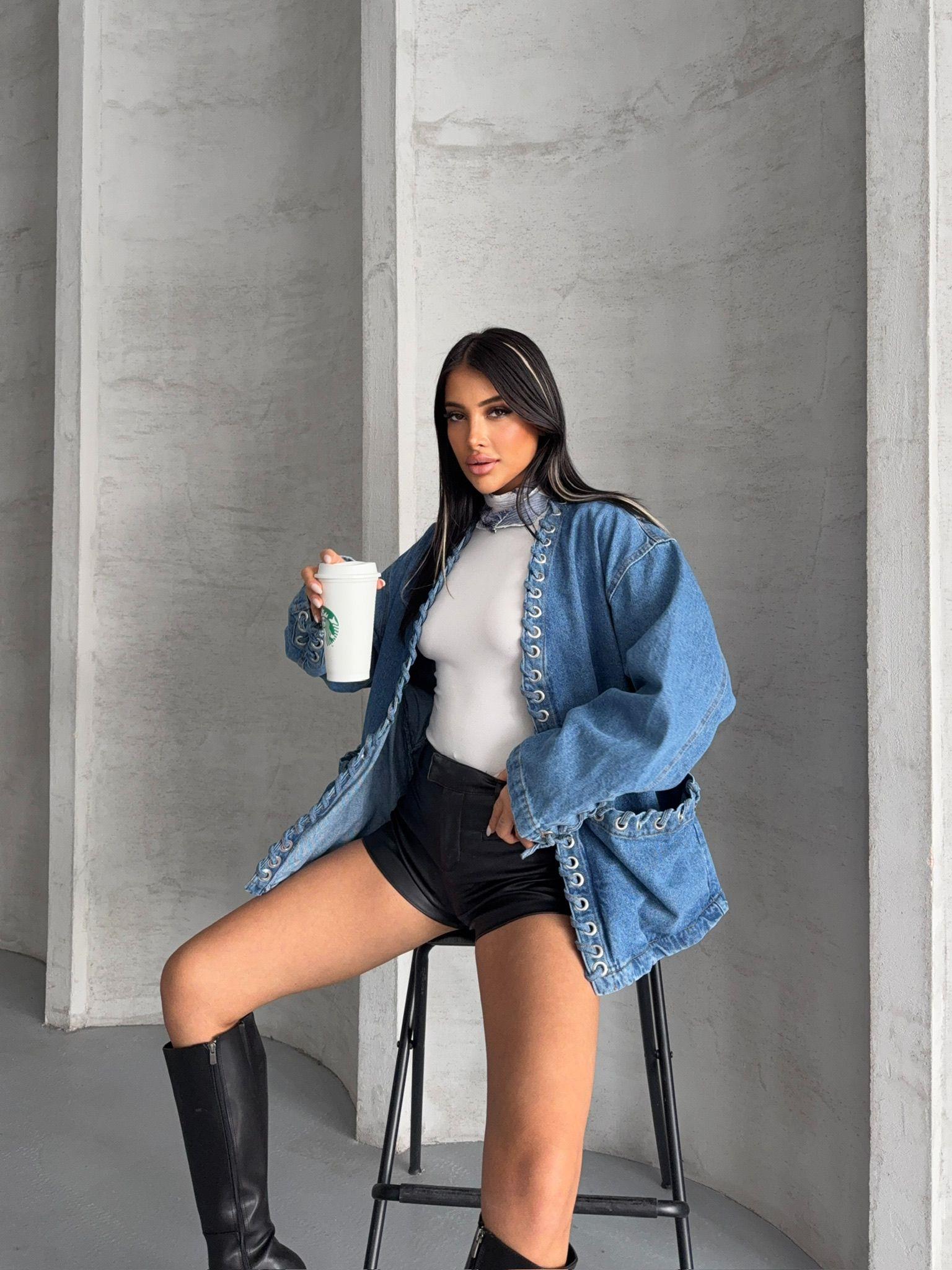 Kuşgözlü Oversize Denim Ceket