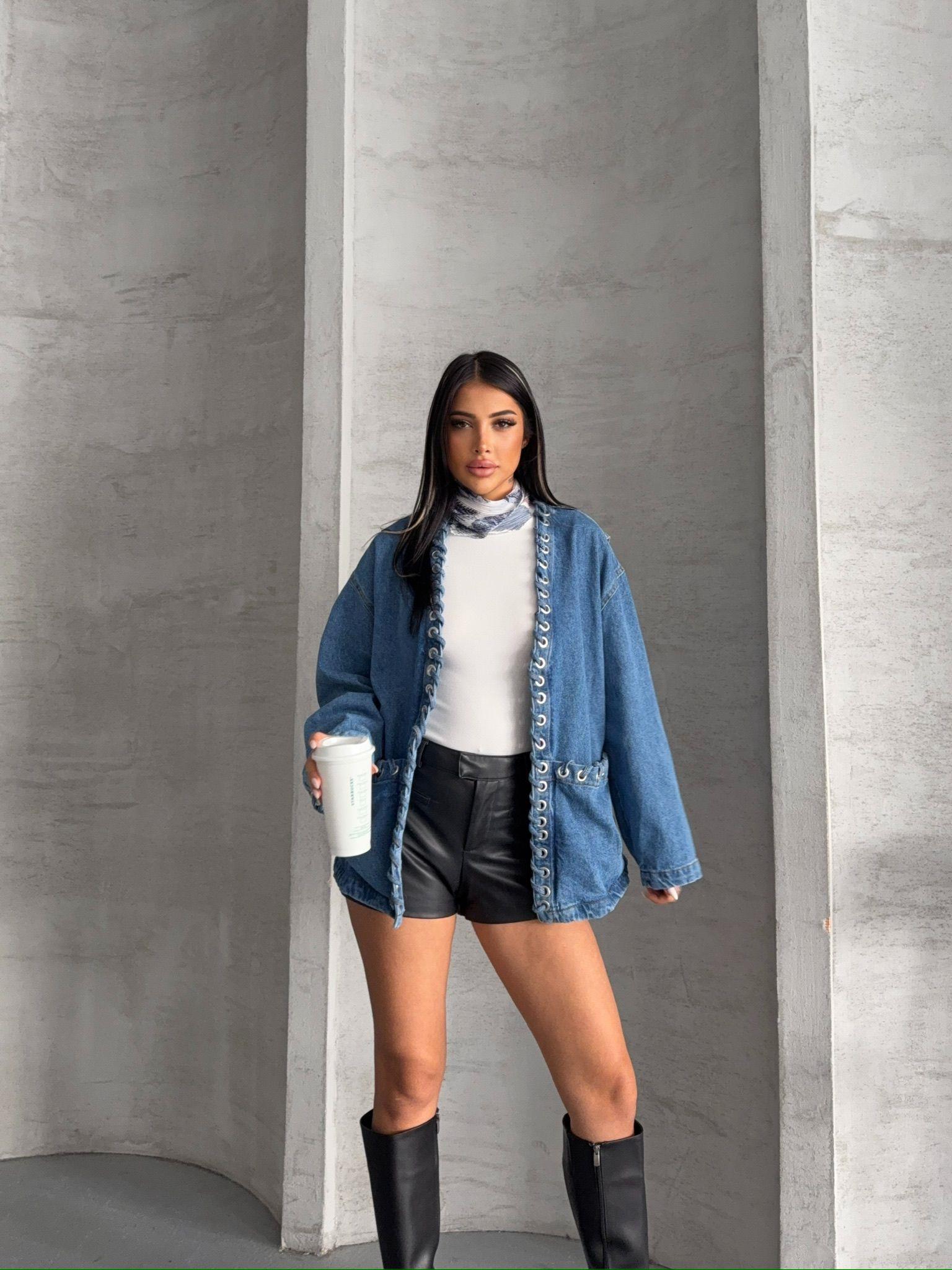 Kuşgözlü Oversize Denim Ceket
