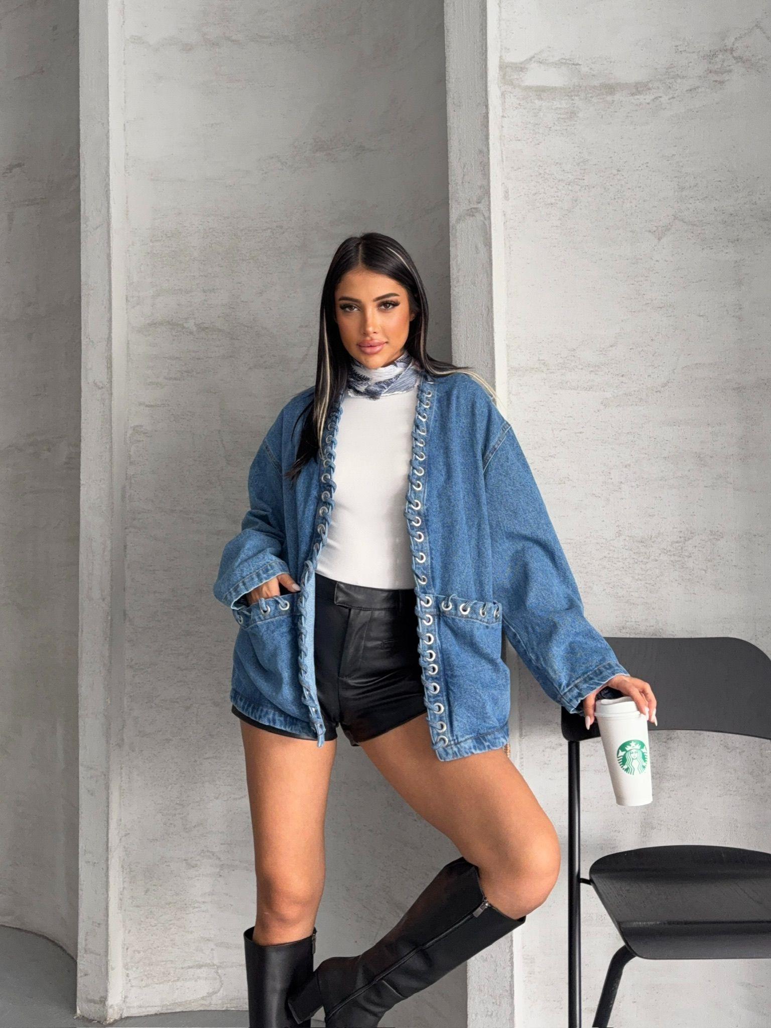Kuşgözlü Oversize Denim Ceket