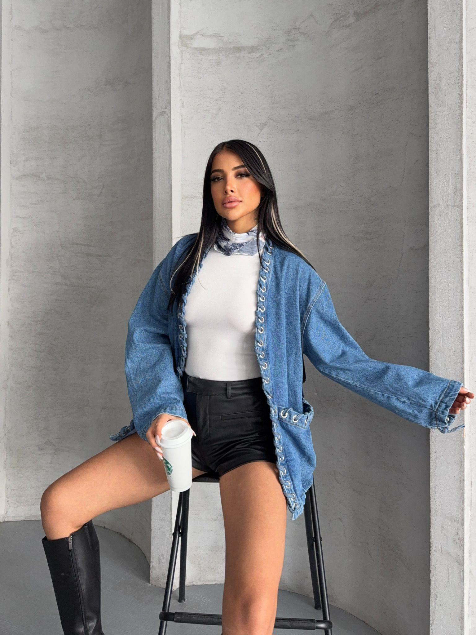 Kuşgözlü Oversize Denim Ceket